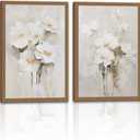 2pcs Framed Neutral Beige Floral Wall Art White Cream Flower Canvas 16x24in