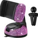 Bling Car Phone Holder, Rhinestone Vehicle Windshield Dashboard Cellphones Mount with Clamp, 360Adjustable Diamond Automotive Air Vent Smartphones Stand, Universal Fit (Pink)
