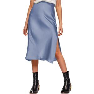 Amy Babe Womens Satin Silk High Waist Slit Midi Skirt Elastic Waistband Midi Skirts for Women (Blue, M)