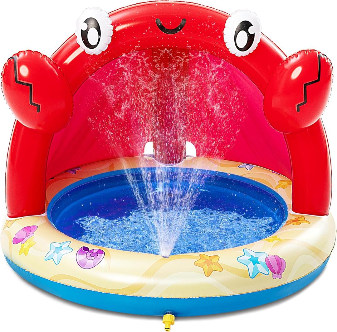 Sloosh Baby Pool Toddler Sprinkler, Crab Splash Pool with Canopy, Baby Wading Pool Inflatable Sprinkler for Learning, Childrens Water Pool Toys, Inflatable Kiddie Pool for Outdoor Summer Water