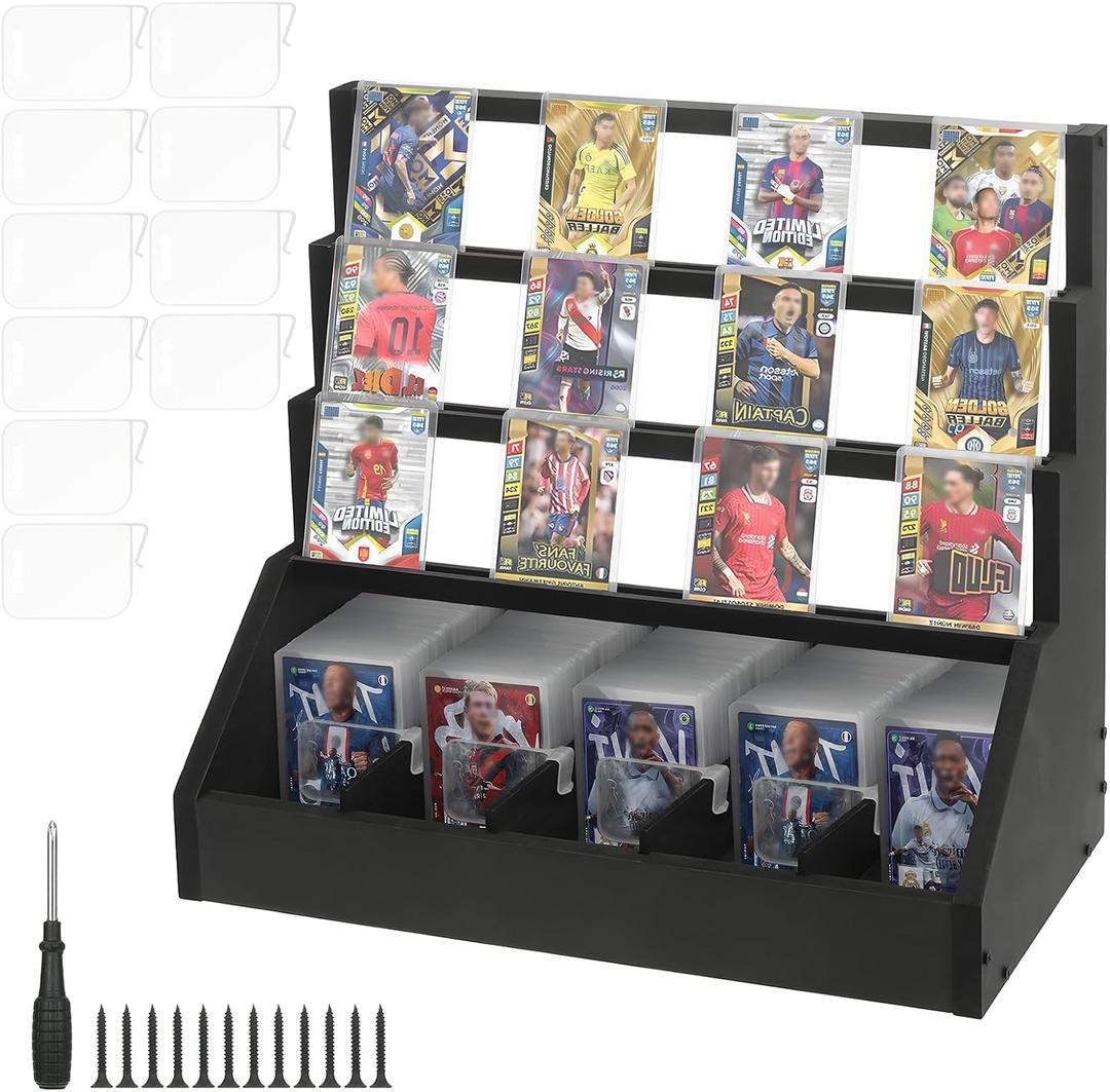 Trading Card Display Stand with Card Stoppers - 3 Tier 5 Row Wooden Step Shelf, Large Capacity Tabletop Display Storage Case for Graded Cards & Collectible Cards