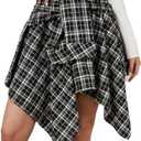Women's Plaid Skirts Elastic Waisted Short Skirt Knot Front Irregularly Hem Mini Skater Skirt (US, Alpha, Large, XX-Large, Regular, Regular, Black-White-Plaid-Rhinestone)