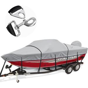Heavy Duty 1200D Waterproof Boat Cover - 17-19ft with Motor Cover and Windproof Adjustable Metal Buckle - Fits Bass, V-Hull, Tri-Hull, Fishing, Runabout Boats - Gray (Length: 17'-19', Beam Width: up to 96")