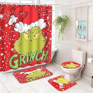 Micayg Christmas Bathroom 4 Piece Set with Shower Curtain，Non-Slip Mat, Toilet Cover Cover and Shower Mat with 12 Hooks Holiday Home Decoration