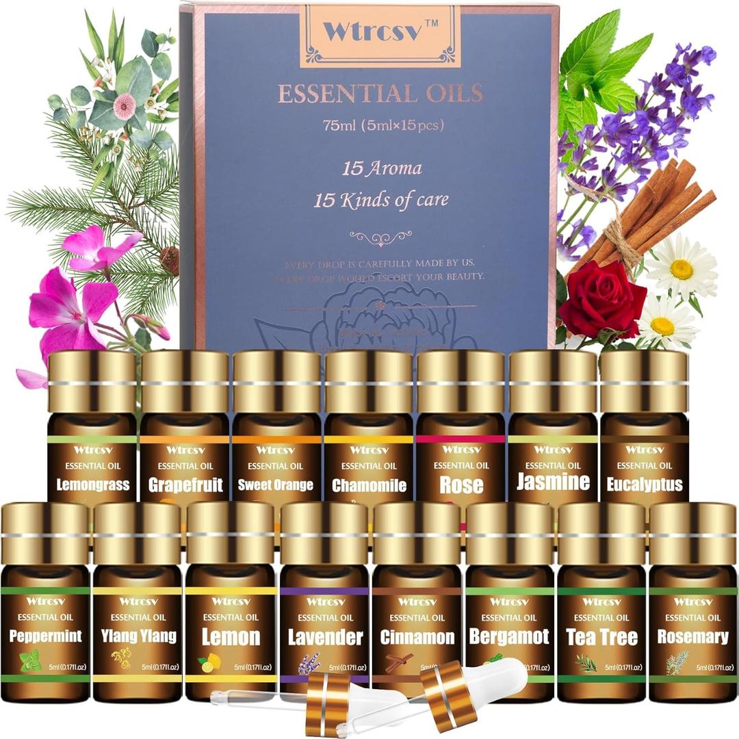 Essential Oils Set - Top 15 Scents for Diffuser, Humidifier, Skin Care, Aromatherapy, Massage, Candle & Soap Making - Fragrance Gift Set (5ml)