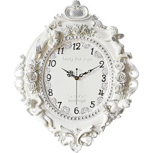 Rustic Wall Clock Decor,European Style Resin Battery Operated Silent Clock with Angel and Rose Relief Pattern for Living Room,Wall Decor (Silvery)
