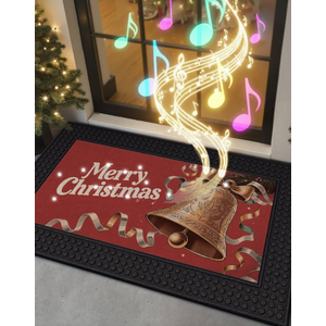 Merry Christmas Front Door Mat with Light & Music, 18x30 Heavy Duty Rubber Entrance Mat, Non Slip Indoor Outdoor Xmas Welcome Doormat for Entryway, Golden Bell and Red