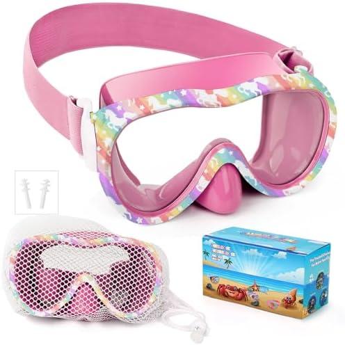 Kids Swim Goggles, Anti-Leak Snork Mask with Nose Cover & Elastic Fabric Strap, UV Protection Swimming Goggles for Kids Boys Girls (Pink-Unicorn)