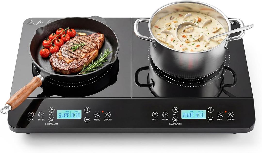 Double Induction Cooktop 2 Burner, 1800W Portable Electric Stove with 9 Temperature Settings, LED Display, Safety Lock & Timer, 110v-120v Induction Burners for Kitchen, RV