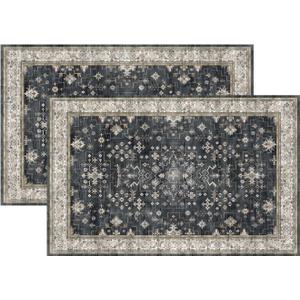 2 Pcs Black Boho Washable Entry Rug, 18" x 30"Small Rugs for Entryway Kitchen Bathroom Door Mat Indoor Entrance, Non Slip Rubber Backing, Stain & Fade Resistant, Ashen Charcoal Floral Design(Ashen)