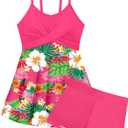 Girls Swimsuits Criss Cross Tropical Print Mesh Dress Bathing Suits with Shorts 2 Piece Tankini for Teens (9-10 Years, Pink)