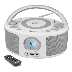 Portable CD Player Boombox with Bluetooth, FM Radio, Remote Control, USB Port and 3.5mm AUX Headphone Jack, Clear Stereo Sound, 4 Watts of Audio, AC/Battery Powered