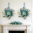 6 Pcs Small Blue Daisy Flower Hanging Wreaths for Cabinets with White Floral Eucalyptus Leaves Lavender Artificial Grains Mini Candle Rings Wreath for Home Front Door Farmhouse Coastal Blue Porch