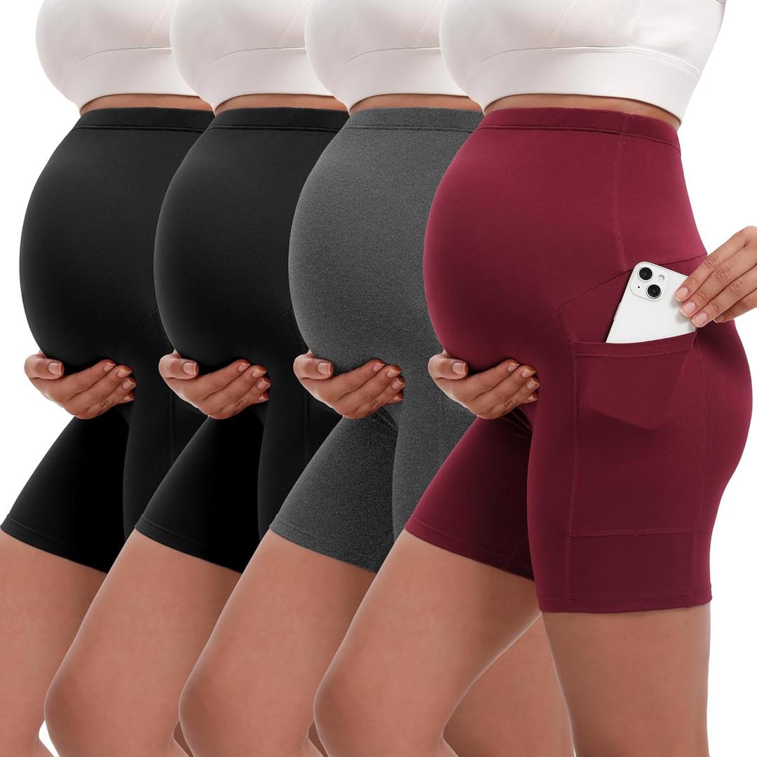 4 Pack Women's Maternity Shorts with Pockets Over The Belly Yoga Biker Pregnancy Workout Running Active Shorts (X-Large, 2 Black 1 Heather Grey 1 Red)