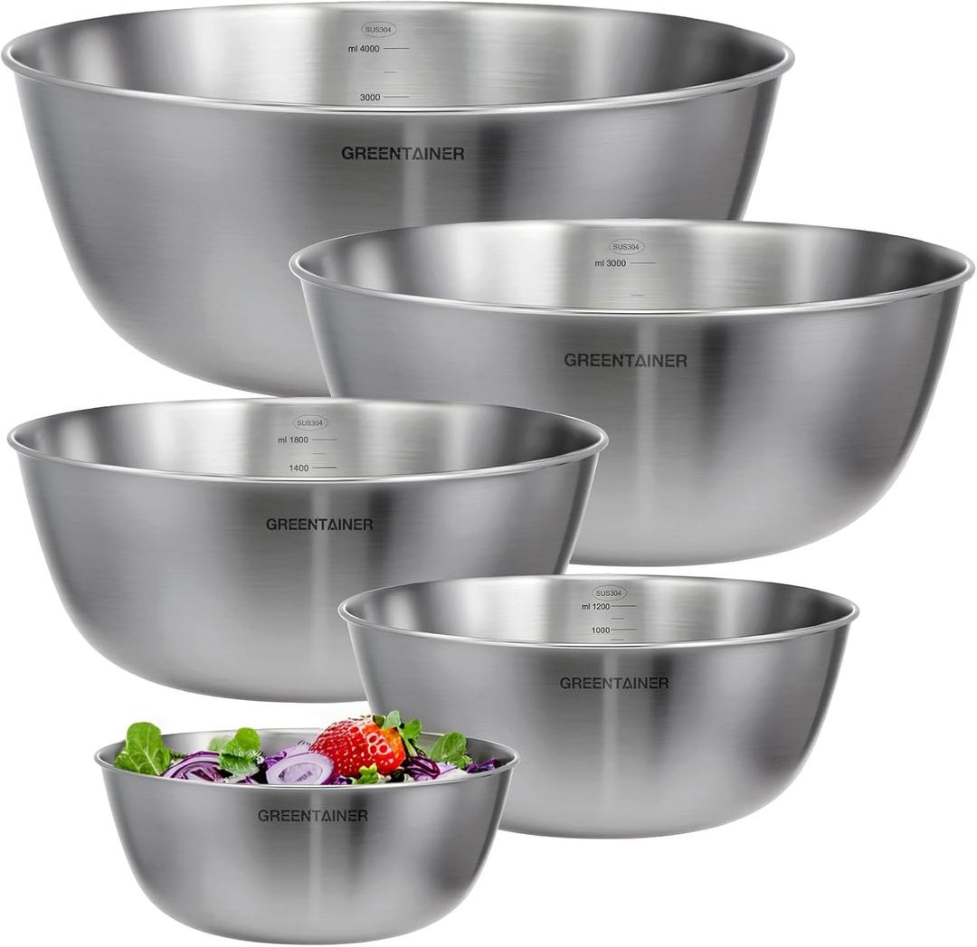 Greentainer 5-Piece Stainless Steel Mixing Bowls Set for Kitchen, Nesting Bowls with Measurement Markings for Baking, Prepping, Cooking and Serving Food, Metal Mixing Bowls Dishwasher Safe