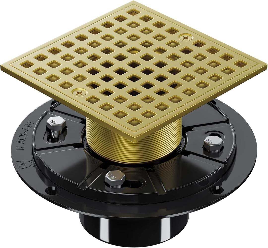 4 Inch Shower Floor Drain with Flange - Square Shower Drain with Hair Strainer - Removable Strainer Cover - SUS304 Stainless Steel & CUPC Certified - Brushed Gold