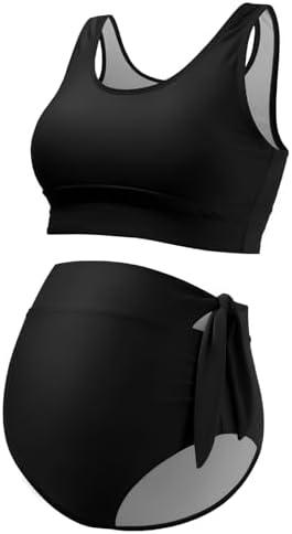 GINKANA Maternity Bikini Two Piece Tie Knot High Waisted Bikini Set Summer Maternity 2 Piece Swimsuit Racerback Bathing Suits Size M