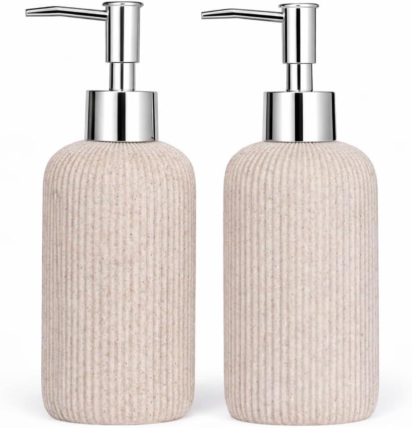 Soap Dispensers 400ML 13OZ 2Pcs Hand Dish Lotion Shampoo Soap Dispenser Jar Travertine Hand Soap Dish Soap Resin Soap Pump Bottles for Kitchen Bathroom Countertop (Sandstone)