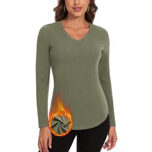 WOWENY Thermal Shirts for Women V Neck Fleece Lined Long Sleeve Base Layer Soft Warm Underwear Tops Cold Weather (Small, 2212-green)