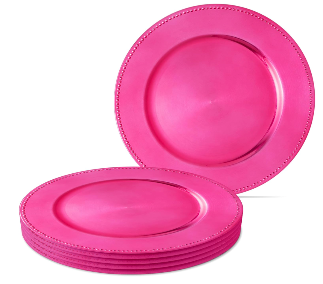 Decorative Charger Plate with Beaded Rim, 13 inch Round, Set of 6 plates (Magenta)