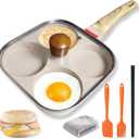 4Cup Nonstick Egg Pan Set with Lid Aluminum Omelette Skillet for Breakfast, Includes Silicone Scraper, Oil Brush, Chopsticks & Cleaning Cloth Compatible with Gas & Induction Cooktops (White)