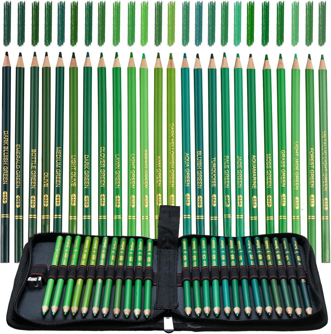 Green Colored Pencils,Oil Based Wooden Colored Pencil Set for Adults Coloring Books Drawing Sketching Art Supplies 24 Color
