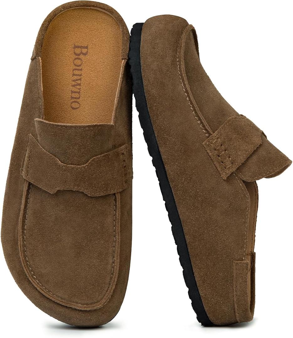 Suede Clogs for Women Genuine Leather Mules with Tassel Fringe Comfort Cork Foot bed Women's Slip On Casual Shoes Closed Round Toe Slides with Arch Support, 8