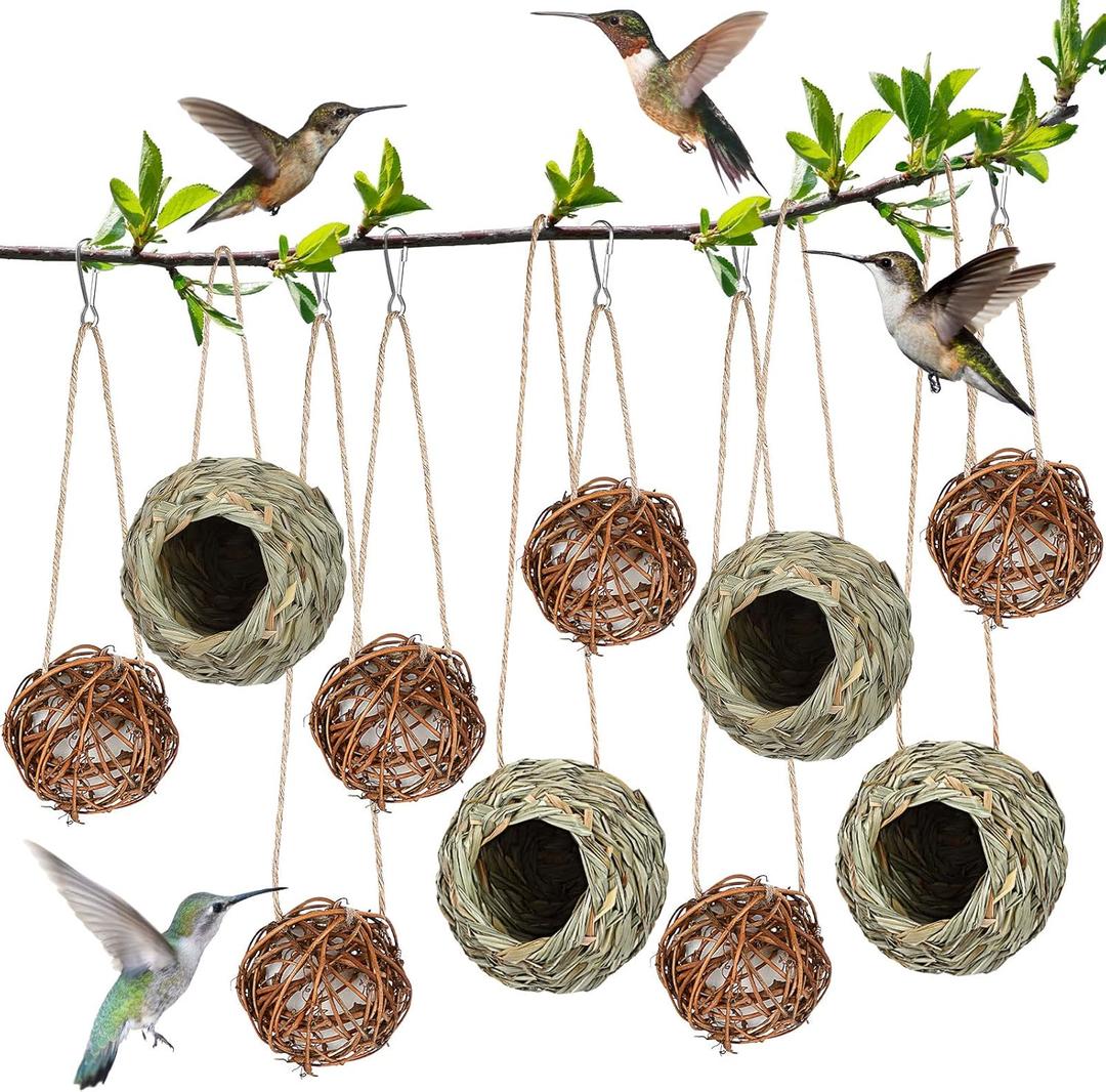 Wesiti 10 Pcs Hanging Hummingbird Nest House for Outside Hand Woven Bird Nest Round Hummingbird Nesting House Hanging Bird Hut Hummingbirds Nesters for Garden Patio Lawn Indoor Home Decoration