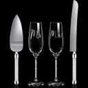 Boao 4 Piece Wedding Cake Knife and Champagne Flutes Server Set Mr and Mrs Toasting Flutes Crystal Rhinestone Cake Cutting Set for Bride and Groom Wedding Engagement Bridal Shower Gifts(Silver)