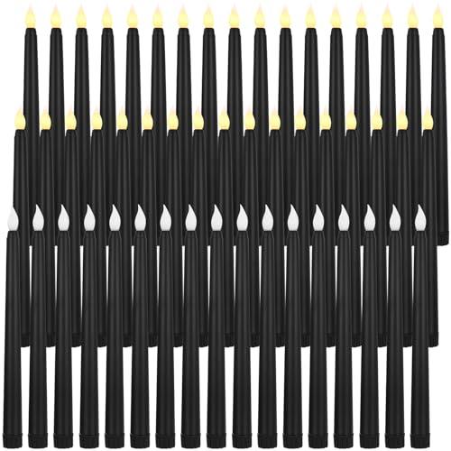 Baquler 50 Pcs 8.5 Inch Black LED Flameless Taper Candles Bulk Battery Operated Taper Candles Flickering Candlesticks for Wedding Church Holiday Table Decoration