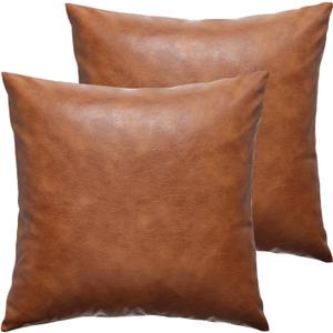 Faux Leather Throw Pillow Covers 18X18 Inch Set of 2 Brown Outdoor Modern Farmhouse Solid Decorative Pillow Covers for Room Couch Living Bedroom Bed Sofa