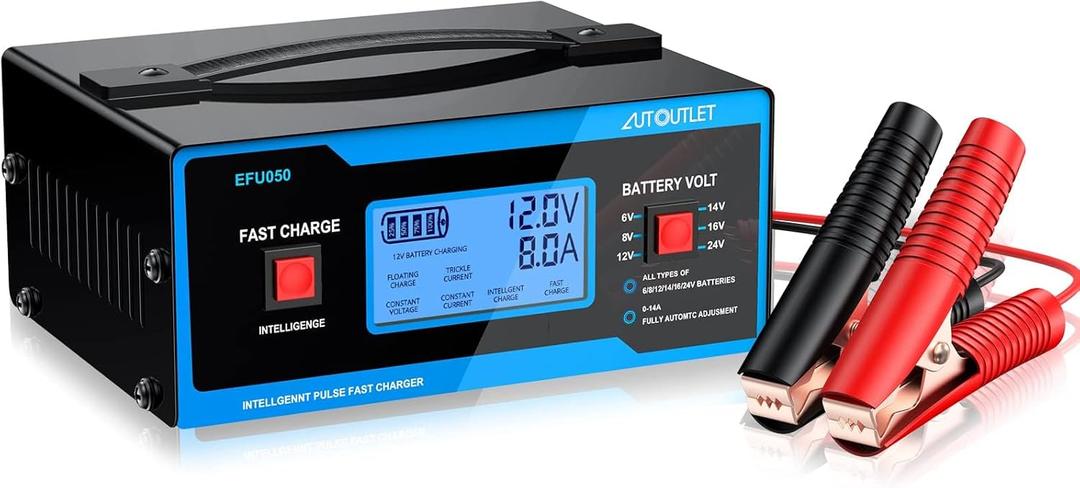AUTOUTLET Upgraded 8 Volt Battery Charger for Golf Cart Automotive Battery Charger and Maintainer 0-10A with Cable Clamps for 6/8/12/14/16/24V Lead-Acid Batteries (Blue)