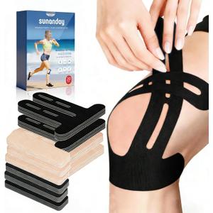 20 PCS Waterproof Kinesiology Tape for Shoulders/Knees,Precut Strips for Knee Pain Relief & Stability Support, Latex-Free Hypoallergenic Sports Athletic Tape Knee Brace (Black and Beige)