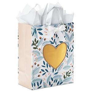 Hallmark 13" Large Gift Bag with Tissue Paper (Green Foliage, Gold Heart) for Weddings, Engagements, Anniversaries, Bridal Showers, and More