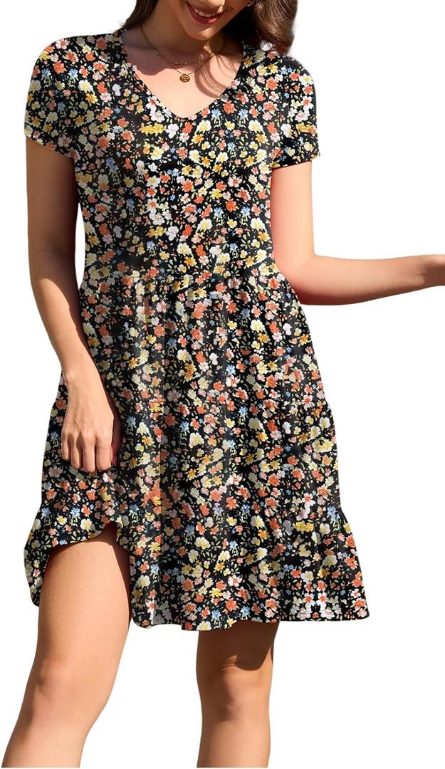 nclook Womens Summer Casual Dress Sweet Cute V Neck Mini Dress with Pocket Short Sleeve (L)