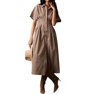 SAFRISIOR Women Button Front Pleated Shirt Dress Brown Summer Striped Short Sleeve Lapel V Neck Corset Maxi Dress Size L