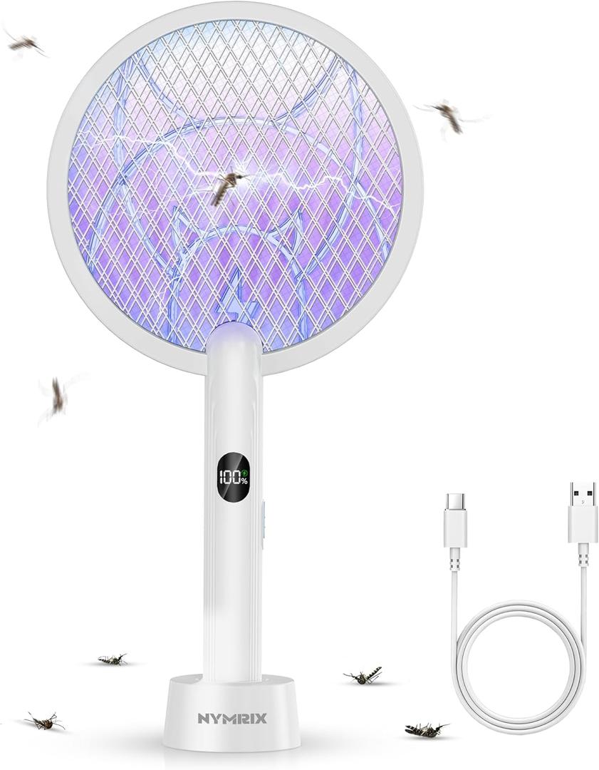Electric Fly Swatter Racket, 2 in 1 Mosquito Bug Zapper 4100V Handheld Mosquito Killer with 1800 mAh Rechargeable Battery, Purple Light and 3-Layer Safety Mesh for Indoor Outdoor Grey