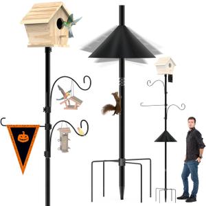 Bird Feeder Pole 118 Inch, Hummingbird House Mount Kit With Squirrel Proof Baffle, Double Shepherds Hooks for Outdoor, Yard, Garden Decor, Black (House Not Included)