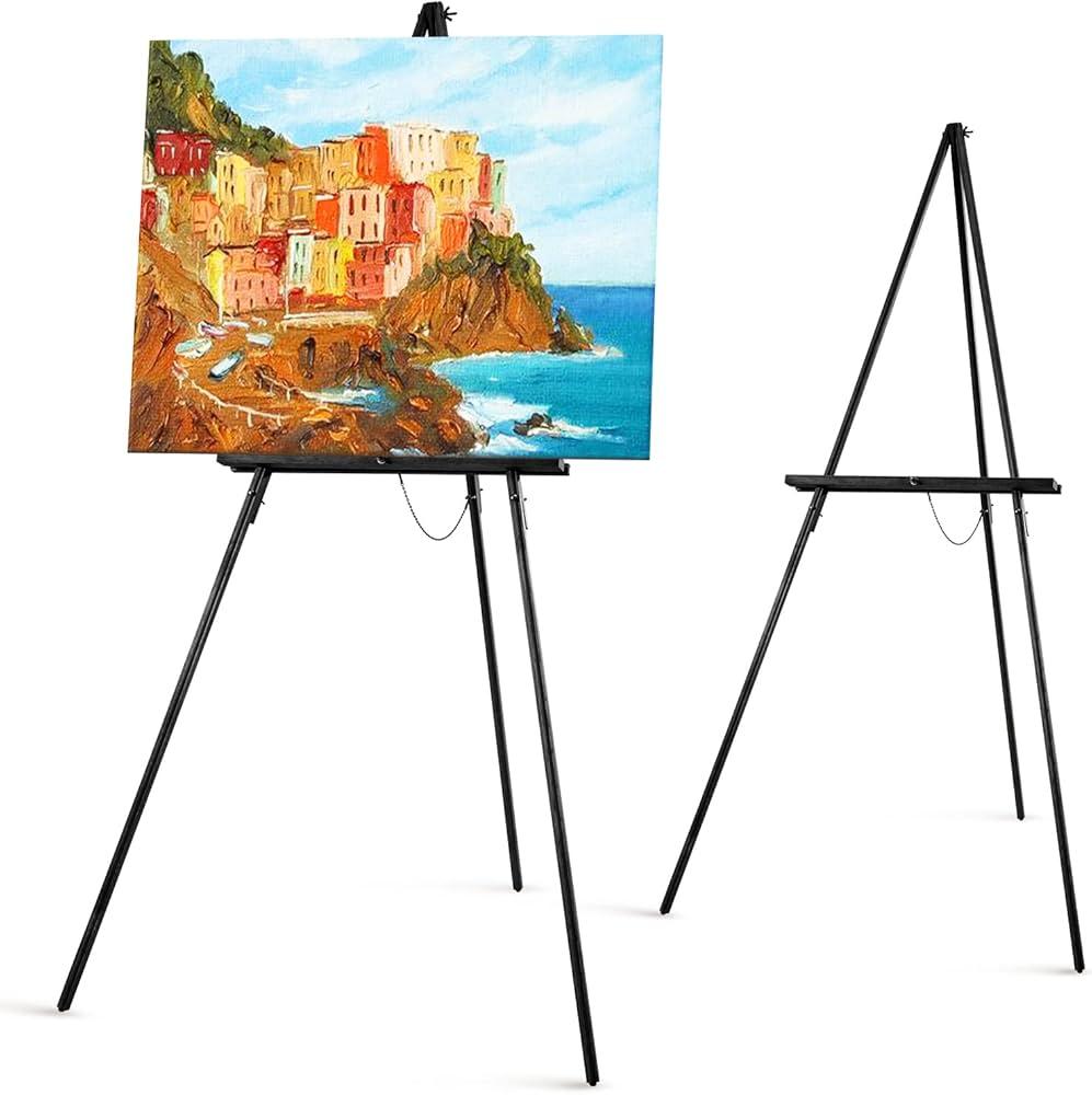 Falling in Art 65" A-Frame Tripod Easel Stand, Wooden Display Easel with Adjustable Canvas Holder, Floor Easel for Wedding Signs, Posters, Paintings, Artwork(Black) 1 Pack
