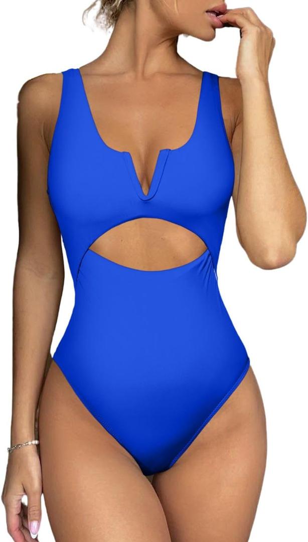Meyeeka Womens One Piece Swimsuits Tummy Control Bathing Suit for Women Push Up Swimwear V Neck High Cut Monokini (Medium, Blue)