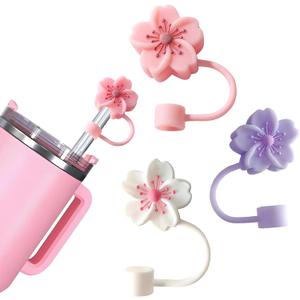 BTYHAOS Silicone Straw Caps for 10mm Tumblers | Reusable Dust-Proof Straw Toppers Compatible with Stanley 30oz & 40oz Tumblers (Purple Flower 3pc)