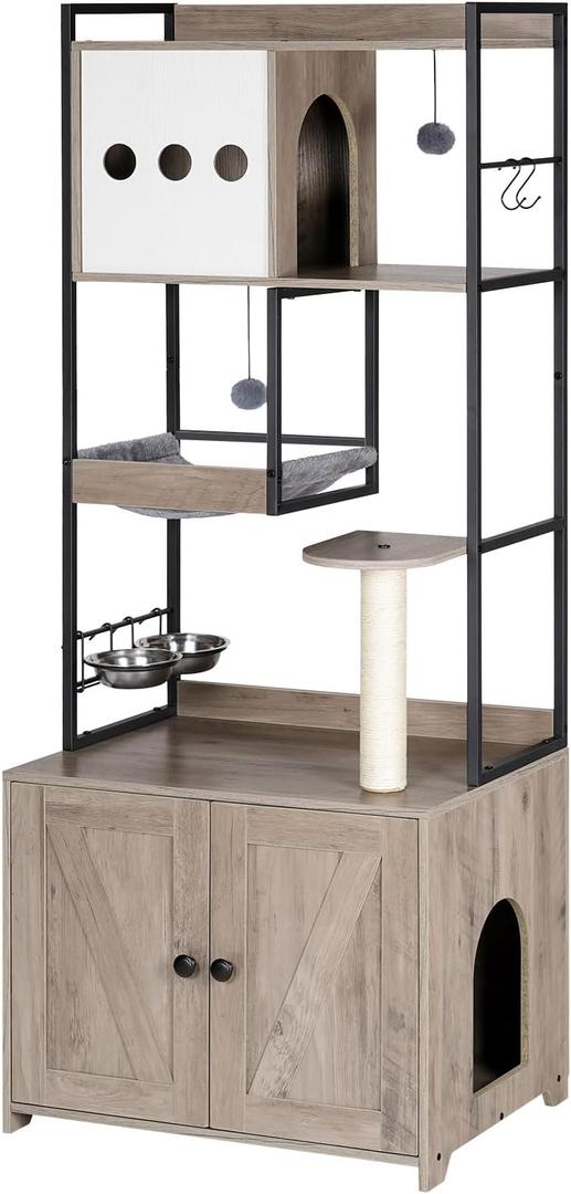 HOOBRO Cat Tree with Litter Box Enclosure, 58.7" H Cat Tower with Hidden Litter Box Furniture, with Scratching Post, Step, Hammock, Multifunctional Pet Furniture with Food Bowls, Greige BG30MZ03G1