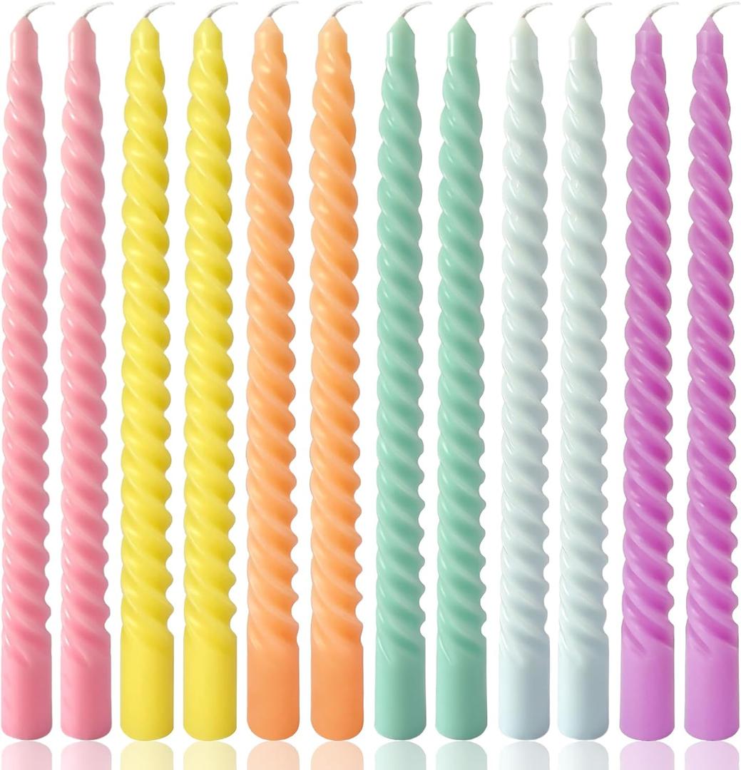 10 Inch Multi-Color Spiral Taper Candles for Home Decoration, 12 Pack Cream Candlesticks for Dinner Party Wedding Holiday