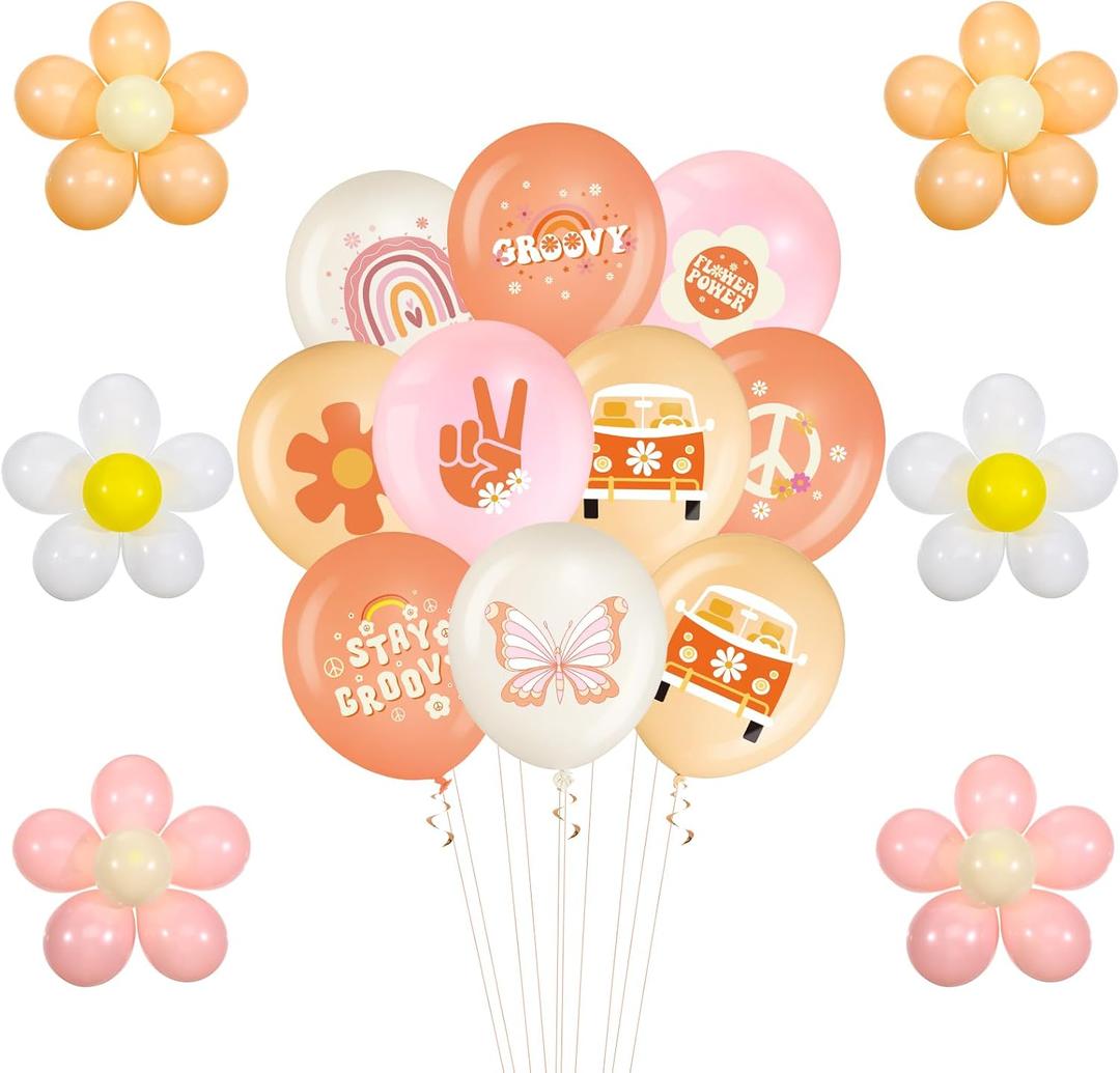 Hiboom 72 Pcs Groovy Retro Hippie Balloons Boho Daisy Party Decor 12 Inch Rainbow Daisy Flower Butterfly Peace Sign Latex Balloons for Kids Girls Two Groovy Birthday Party Decoration Supply(Boho)