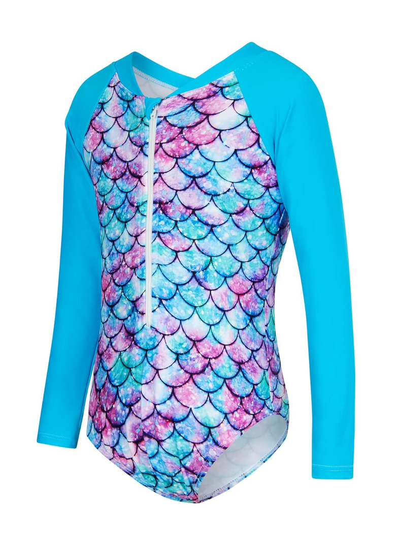 Uideazone 2-9 Years Girls Long Sleeve Swimsuit One Piece Bathing Suit Zipper UPF 50+ Rashguard Swimwear, Size 4-5T
