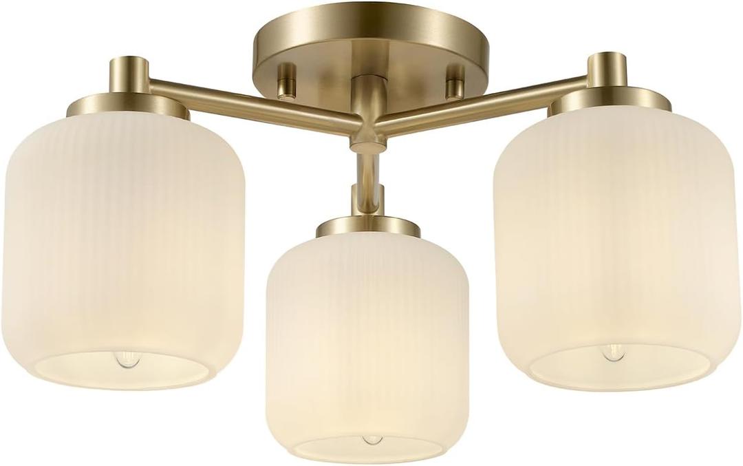Globe Electric 3-Light Flush Mount Ceiling Light, Brass, Frosted Ribbed Glass Shade, Updated Traditional Style for Home Lighting, 15.6 x 15.6 x 7.6 inches