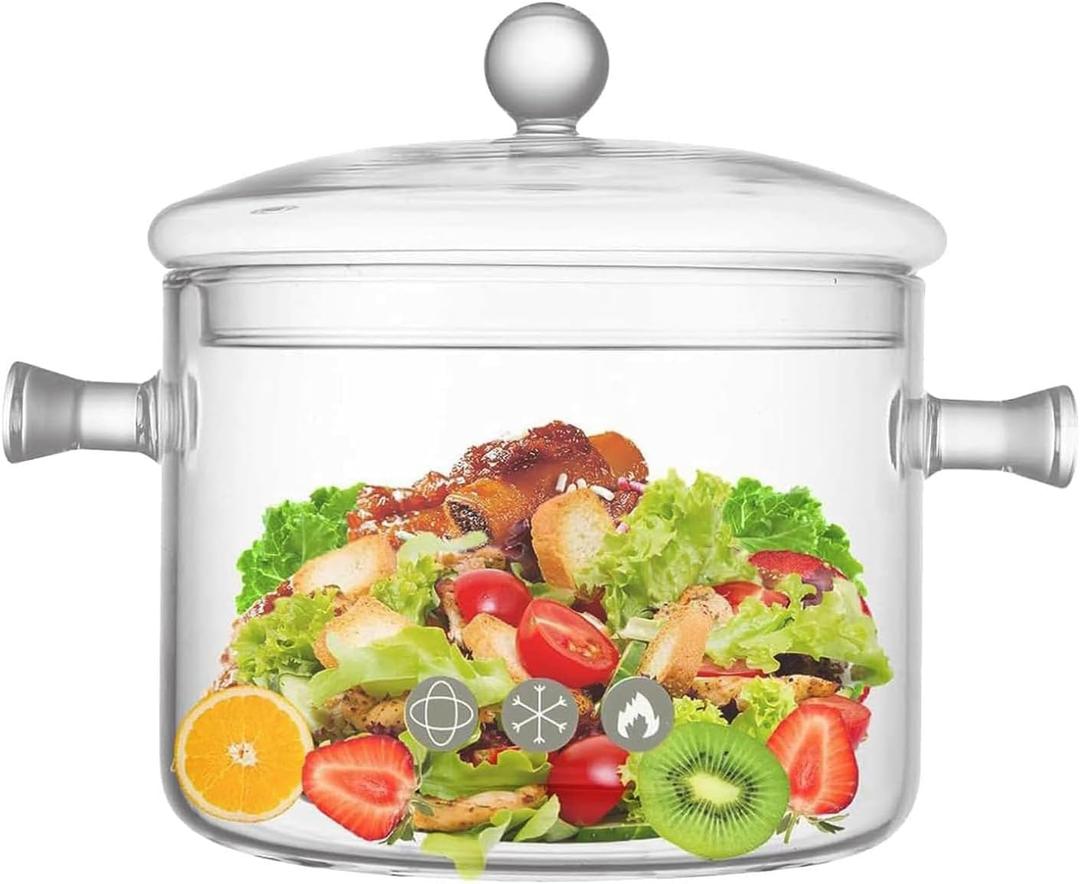 Glass Cooking Pots, 1.7L/57OZ Heat-Resistant Borosilicate Glass Saucepan with Cover, Glass Pots for Cooking on Stove Cookware Set Stovetop Pot for Soup, Pasta,& Baby Food (57OZ)