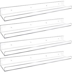 4 Pack 24-Inch Long Clear Acrylic Floating Shelves Wall Ledge Invisible Wall Mounted Floating Bookshelf U Shape Wall Shelf for Book Display Makeup Product Spice Organizer (24 Inches)