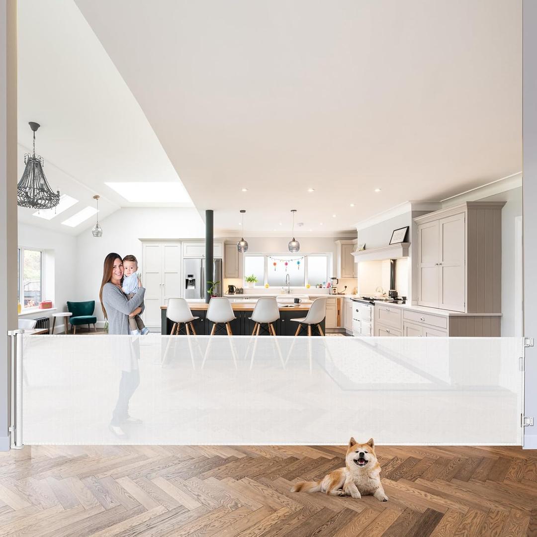 Mom's Choice Awards Winner - 120 Inch Extra Wide Baby Gate for Doorway Extra Long Retractable Puppy Gates for The House Mesh Large Baby Gate for Dogs Indoor Child Gates for Wide Openings (White)