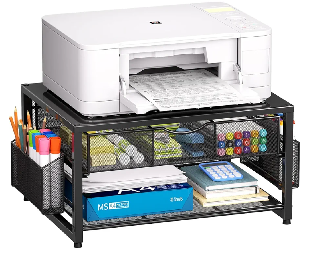 Marbrasse Metal Printer Stand for Desk with Storage Drawer and 2 Pen Holders, 2-Tier Desktop Organizer Printer Table for Home Office, Multi-Purpose Desk Organizer for Fax Machine Scanner Files(Black)